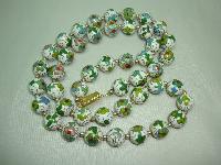 White Green Blue & Gold Cloisonne Flower Bead Necklace