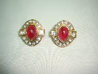 1980s Diamante and Red Cabochon Glass Clip On Gold Earrings - Quality 
