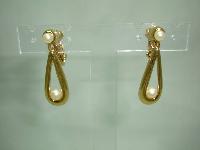 Vintage 80s Signed Napier Faux Pearl Gold Dangle Drop Clip on Earrings
