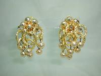 1960s Groovy Go-Go Circles & Beads Dangle Drop Clip On Gold Earrings