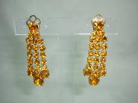 1950s Sparkling Citrine Amber Diamante Dangle Tassel Clip On Earrings