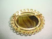 Vintage 50s Signed Sphinx Large Domed Green Agate Glass Gold Brooch 