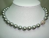 1980s Quality Grey Faux Pearl Glass Bead Necklace Fab Diamante Clasp!
