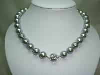 1980s Quality Grey Faux Pearl Glass Bead Necklace Fab Diamante Clasp!