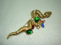 Vintage 50s Stunning Multi Coloured Diamante Encrusted Gold Snake Brooch 