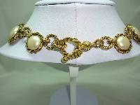 1980s Chunky Faux Pearl and Gold Chain Link Collar Necklace Stunning!