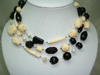 Black and Cream Rose Carved Lucite Bead Necklace with Cultured Pearls!