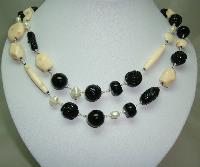 Black and Cream Rose Carved Lucite Bead Necklace with Cultured Pearls!
