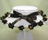 Fabulous Black and Gold Glass Bead Flower Cluster Gold Link Necklace
