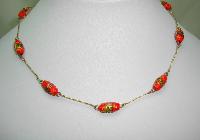 1930s Red Venetian Glass Wedding Cake Bead Rolled Gold Link Necklace