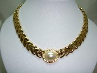 Vintage 80s Quality Wide Gold and Faux Pearl Fancy Collar Necklace 