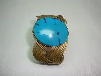 Unique Wide Pleated Style Gold Cuff Bangle with Large Turquoise Stone