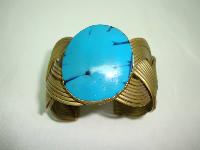 Unique Wide Pleated Style Gold Cuff Bangle with Large Turquoise Stone
