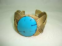 Unique Wide Pleated Style Gold Cuff Bangle with Large Turquoise Stone