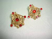 Vintage 60s Signed Sarah Cov Fab Red Diamante Gold Clip On Earrings 