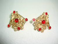 Vintage 60s Signed Sarah Cov Fab Red Diamante Gold Clip On Earrings 