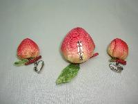 Vintage 50s Adorable Silk Peach Fruit Brooch and Clip On Earrings Set