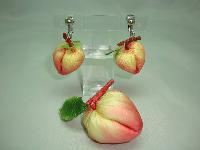 Vintage 50s Adorable Silk Peach Fruit Brooch and Clip On Earrings Set