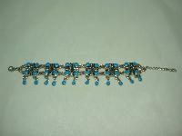 50s Style Wide Turquoise Blue Dangle Drop Ornate Link Silver Bracelet