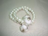 Fab 2 Row Glass White Faux Pearl Bead and Lucite Stretch Bracelet 