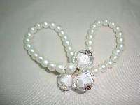 Fab 2 Row Glass White Faux Pearl Bead and Lucite Stretch Bracelet 