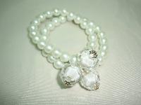 Fab 2 Row Glass White Faux Pearl Bead and Lucite Stretch Bracelet 