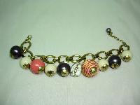 Vintage 50s Style Chunky Cream Pink Purple Glass Bead Charm Bracelet