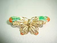 Vintage 80s Enamel Real Silver Vermeil Gold Butterfly Filigree Brooch