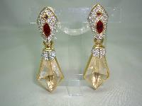 Signed Swarovski Red and Clear Crystal Dangle Gold Clip On Earrings 