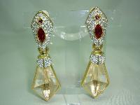 Signed Swarovski Red and Clear Crystal Dangle Gold Clip On Earrings 