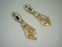 Signed Swarovski Red and Clear Crystal Dangle Gold Clip On Earrings 