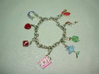Fabulous Enamel and Diamante Silvertone Charm Bracelet 8 Super Charms
