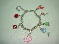 Fabulous Enamel and Diamante Silvertone Charm Bracelet 8 Super Charms