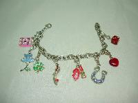 Fabulous Enamel and Diamante Silvertone Charm Bracelet 8 Super Charms