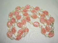 1930s 2 Row Pink and Clear Swirl Art Glass AB Crystal Bead Necklace 