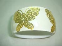 Stunning Wide Chunky White and Clear Lucite Gold Butterfly Bangle Wow!