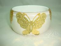 Stunning Wide Chunky White and Clear Lucite Gold Butterfly Bangle Wow!