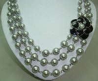 1950s Style 3 Row Grey Faux Pearl Bead Necklace Black Enamel Flower