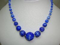 Pretty 30s Art Deco Vibrant Blue Art Glass Hand Knotted Bead Necklace 