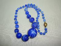 Pretty 30s Art Deco Vibrant Blue Art Glass Hand Knotted Bead Necklace 
