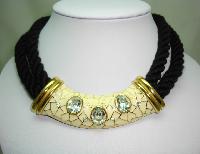 Designer 80s Chunky Two Row Black Cord Cream Enamel Diamante Necklace