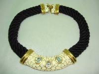 Designer 80s Chunky Two Row Black Cord Cream Enamel Diamante Necklace