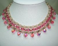 50s 3 Row AB Pink Glass Bead Drop Necklace Ster Silver Diamante Clasp!
