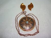 1960s Signed Moda Designer Large Copper Flower Pendant and Earrings