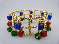 Fab 1960s WideTextured Red Green Blue Glass Dangle Charm Gold Bracelet
