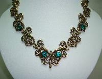 1950s Signed Jewelcraft Ornate Sparkling Green Diamante Gold Necklace