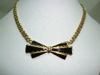 Vintage 80s Adorable Black Enamel and Gold Bow Necklace Named