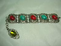 Vintage 50s Wide Green & Red Glass Stone Ornate Silvertone Bracelet 