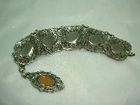 Vintage 50s Wide Green & Red Glass Stone Ornate Silvertone Bracelet 