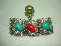 Vintage 50s Wide Green & Red Glass Stone Ornate Silvertone Bracelet 